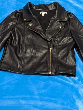 Black Faux Leather Moto Jacket with Gold Hardware